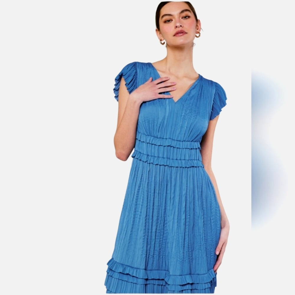 Nwot Anthropologie Current Air Blue Sereia  Flutter Sleeve Flowy Pleats Maxi